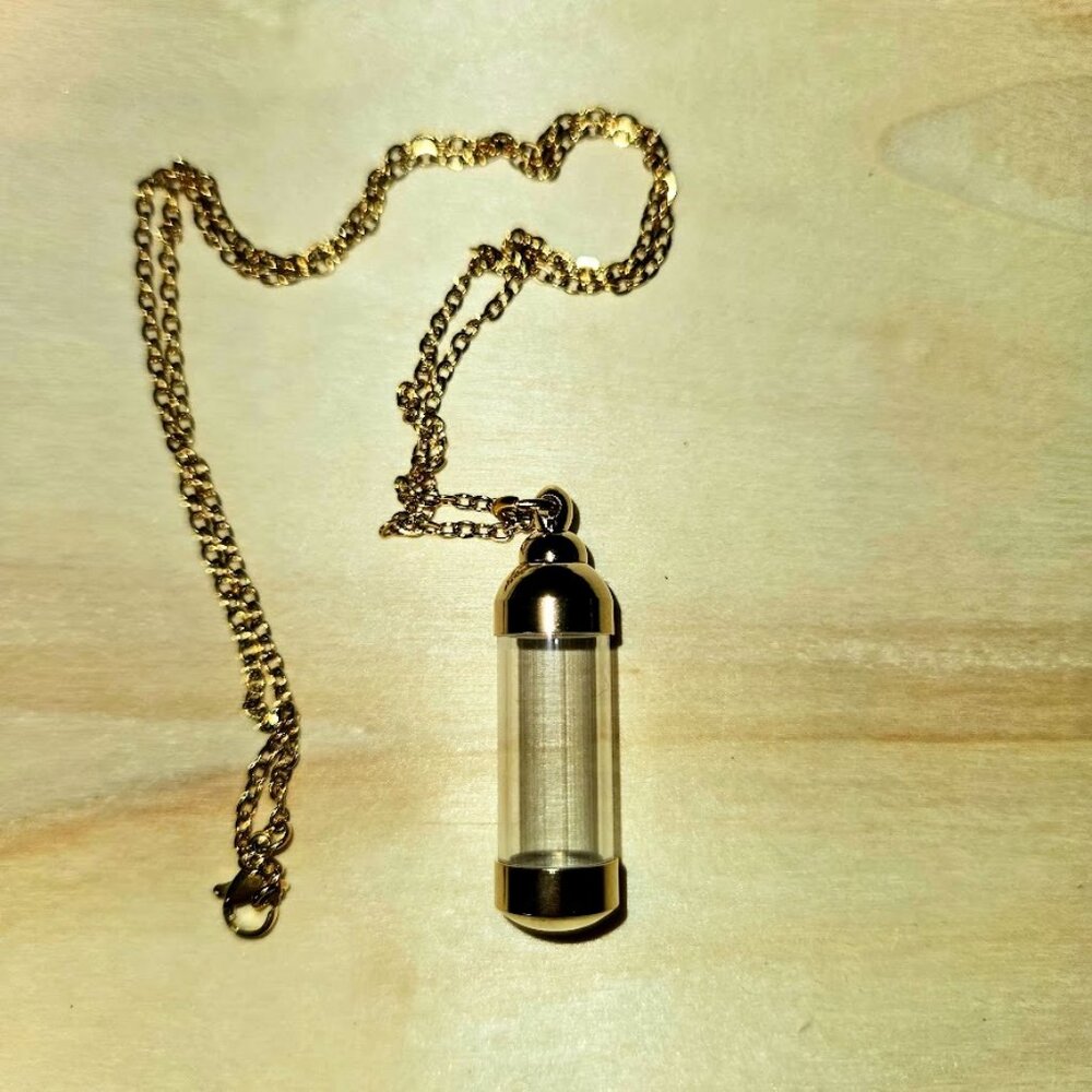 New gold-tone capsule vial  20" chain mini container for holding memories